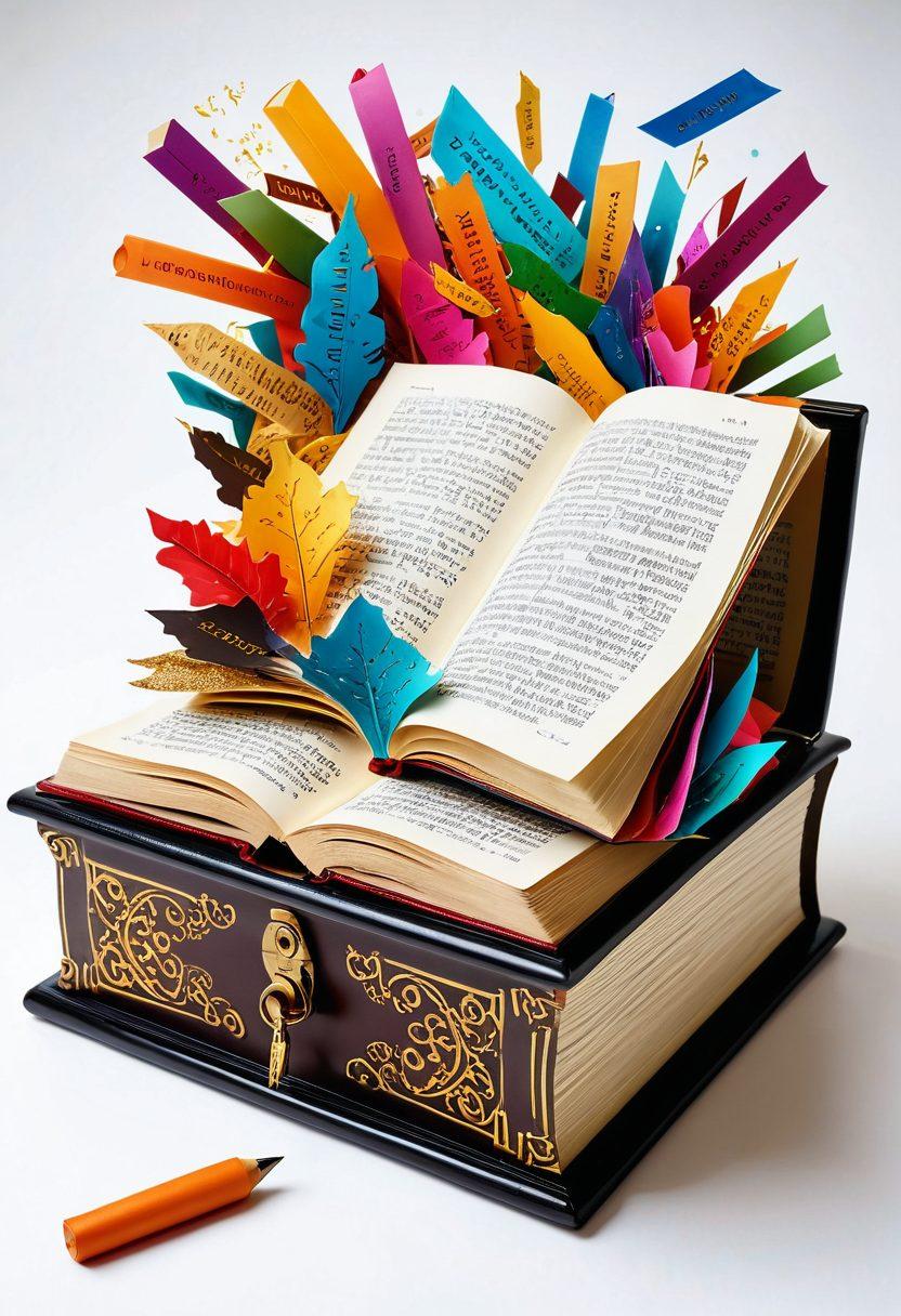 An open book with vibrant, colorful pages filled with diverse words and phrases floating around it, symbolizing the exploration of language. In the background, a shimmering key is unlocking a treasure chest full of golden letters and symbols, representing knowledge. The setting is bright and inviting, inspiring curiosity and learning. super-realistic. vibrant colors. white background.