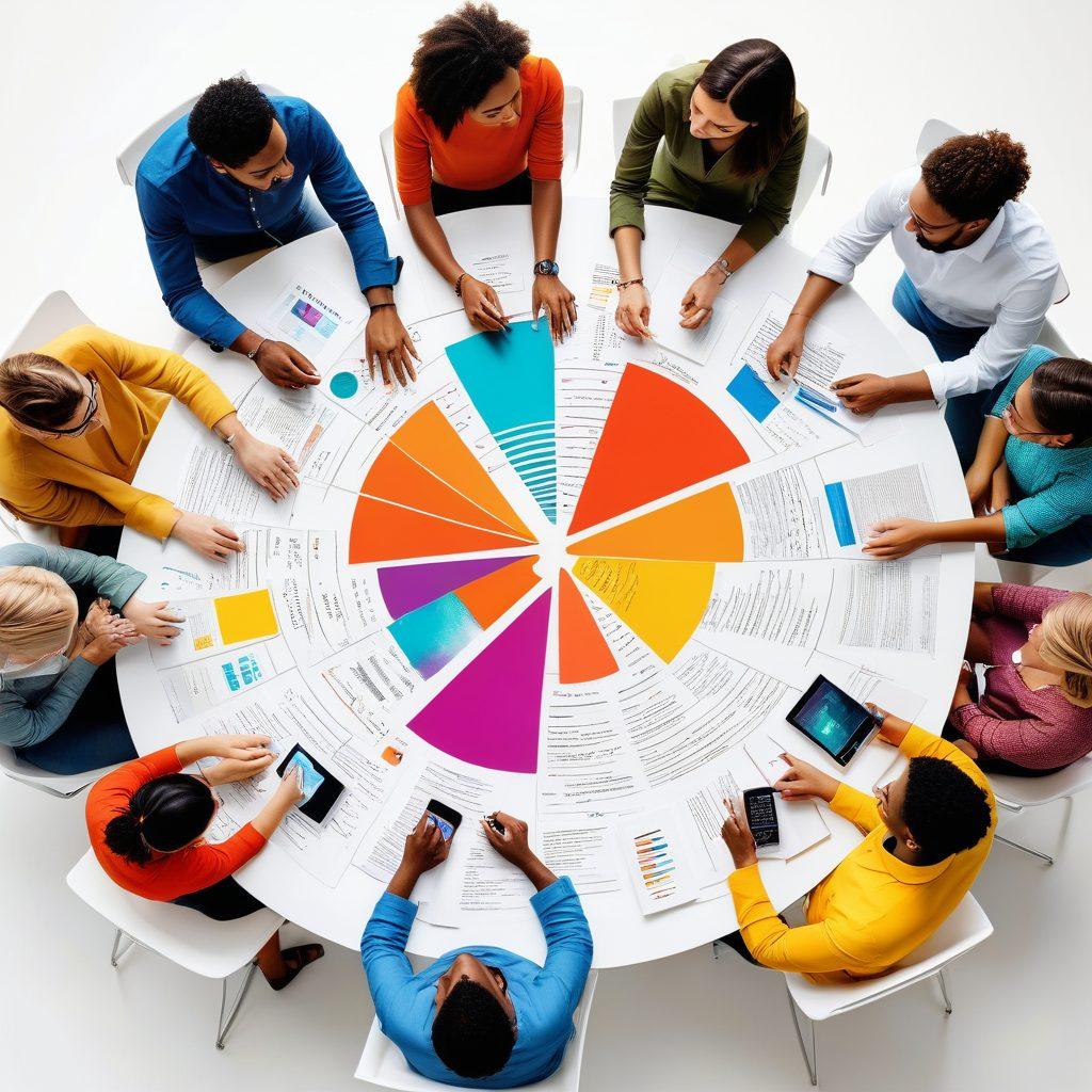 A visually engaging collage composed of various language resources such as books, digital devices displaying coded syntax, and semantic diagrams. Include a diverse group of people discussing and collaborating around a table, symbolizing effective communication. Bright colors to convey dynamism and creativity. super-realistic. vibrant colors. white background.
