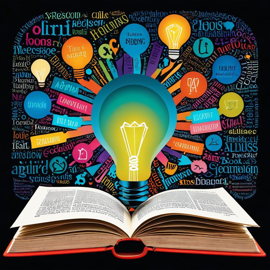 A visually stimulating collage featuring an open book with flowing text and colorful word clouds hovering above. Include illustrations of a magnifying glass examining etymological roots, interconnected arrows showing word usage evolution, and a light bulb symbolizing learning growth. The background should have subtle hints of classic literature and digital elements to blend old and new learning methods. vibrant colors. vector art.